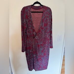 Peruvian Connection Faux Wrap Dress Lined Purple Blue Damask XL Stretch EUC